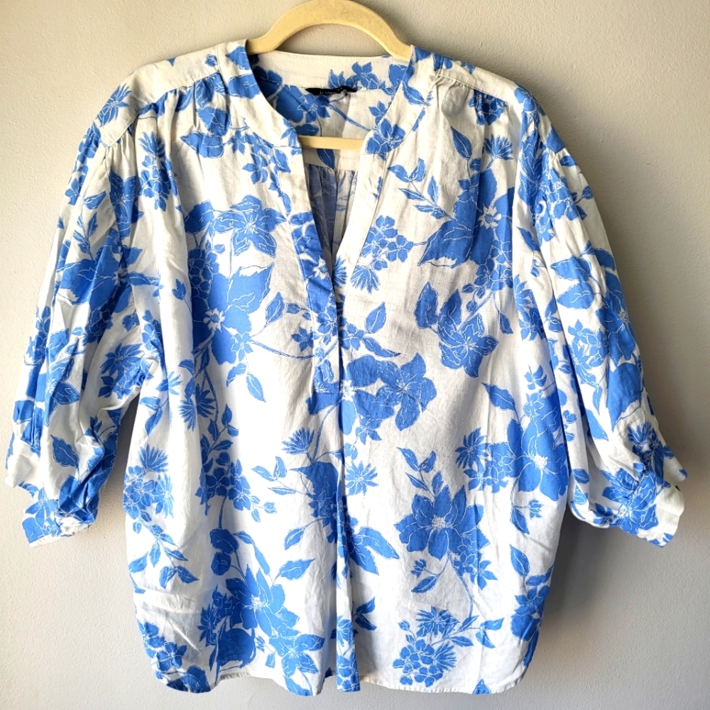 RW & Co Floral Linen Blend Ballon Sleeve Flowy Garden Girl Summer Blouse